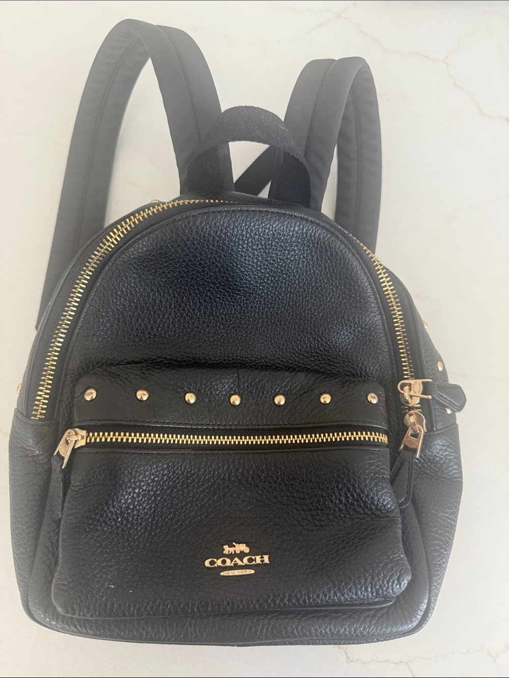 Coach Black Pebbled Leather Mini Backpack with Gold Accents